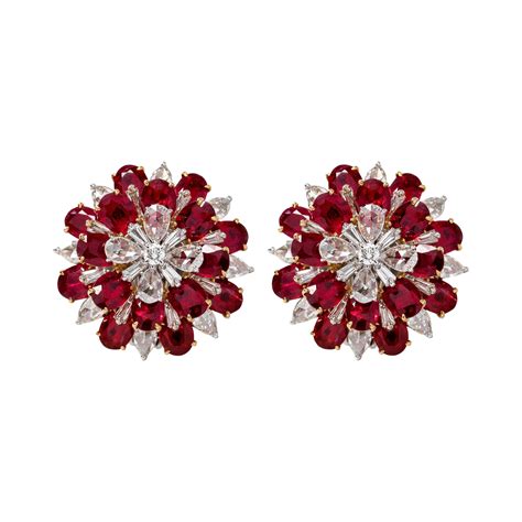 18 Karat White Gold 7 36 Carat Ruby And Diamond Flower Stud Earrings