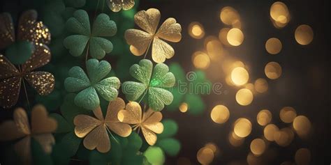 Irish Four Leaf Lucky Clovers And Gold Coins Background For Happ Stock