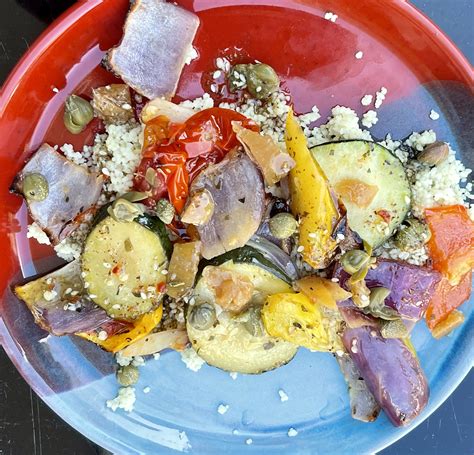 Roasted Vegetables On Couscous With A Zaatar Dressing