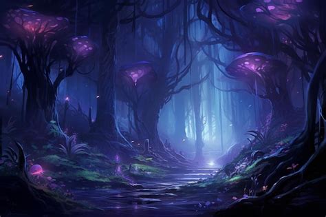 Premium AI Image | A forest with purple lights and a dark forest with a ...