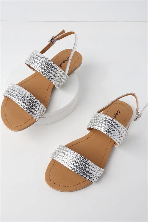 Cute Flat Sandals Metallic Silver Sandals Woven Sandals Lulus