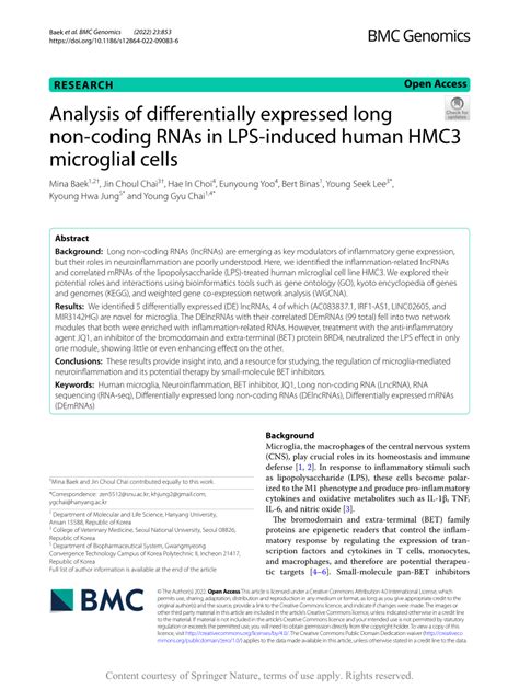 Pdf Analysis Of Differentially Expressed Long Non Coding Rnas In Lps