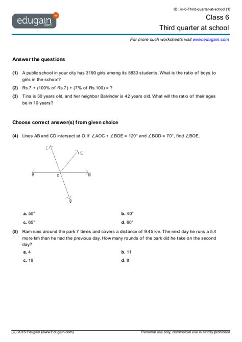 Grade 6 Third Quarter At School Math Practice Questions Tests