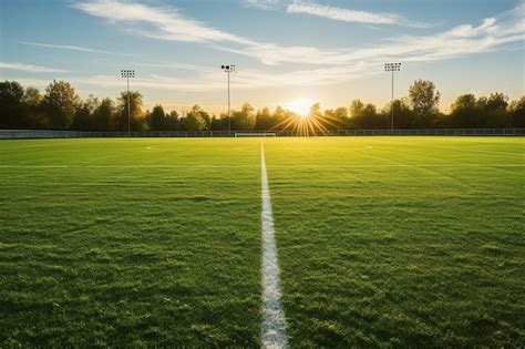 Premium Ai Image Football Field Against A Sunset Backdrop