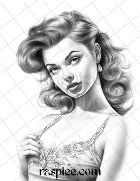 50 Vintage Pin Up Girls Grayscale Coloring Pages Printable For Adults