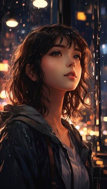 Premium Ai Image Wet Night Portrait Detailed Brunette In City Lights