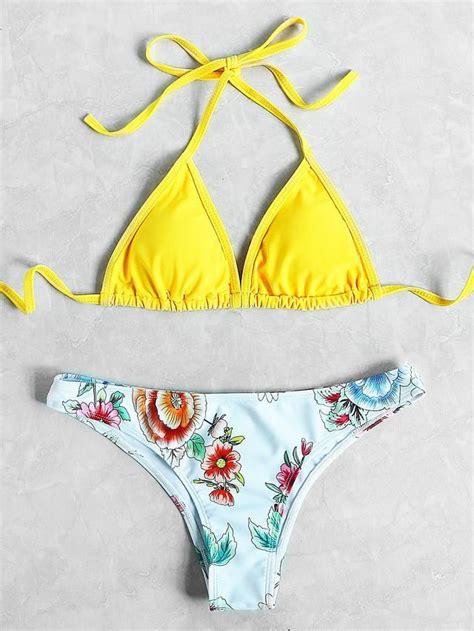 Flower Print Halter Neck Triangle Mix And Match Bikini Set Bikinis