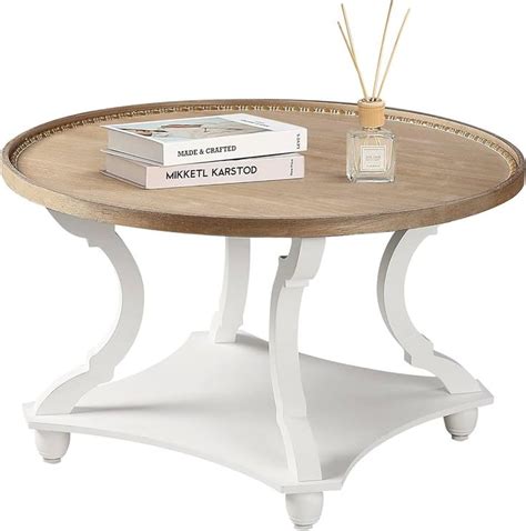 Wnutrees Farmhouse Round Coffee Table Wood Tray Top Circle Coffee Table