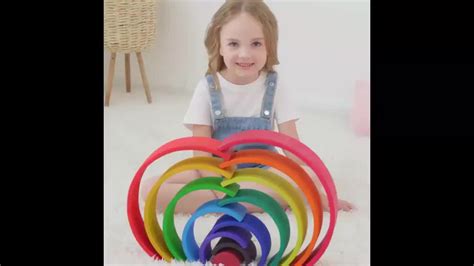 12 Pcs Large Wooden Rainbow Stacker Waldorf Montessori Stacking Toy