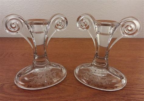 Vintage Pair Of Fostoria June Etched Crystal Scroll Candle Holders Ebay Candle Holders