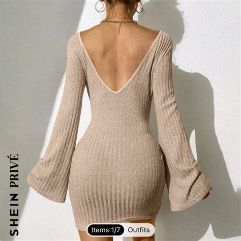 Shein Dresses Shein Priv Ribbed Knit V Back Bodycon Dress Poshmark