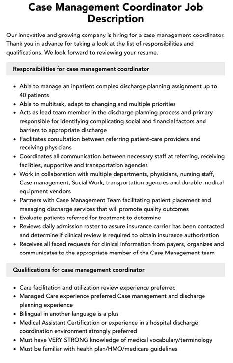 Case Management Coordinator Job Description Velvet Jobs