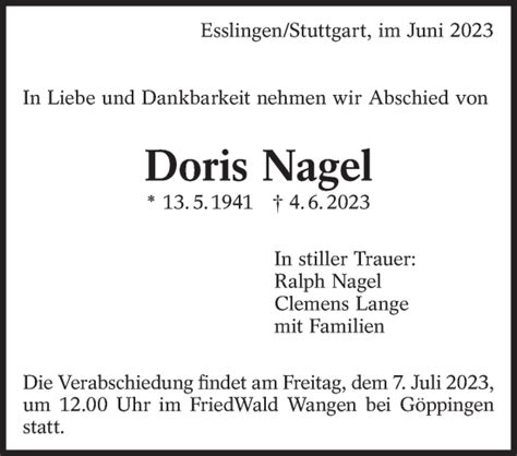 Traueranzeigen Von Doris Nagel Zeit Des Gedenkens De