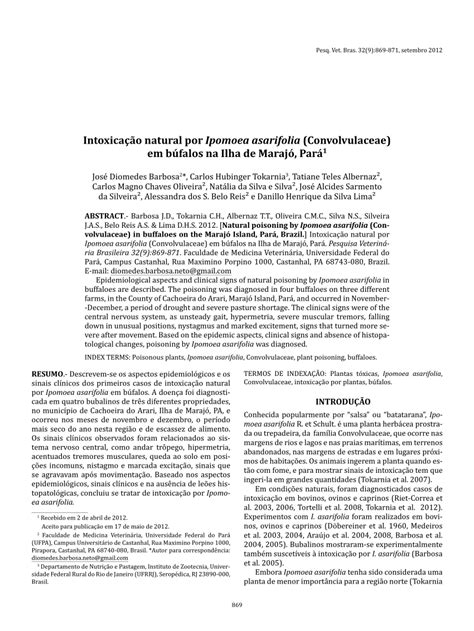 PDF Natural Poisoning By Ipomoea Asarifolia Convolvulaceae In