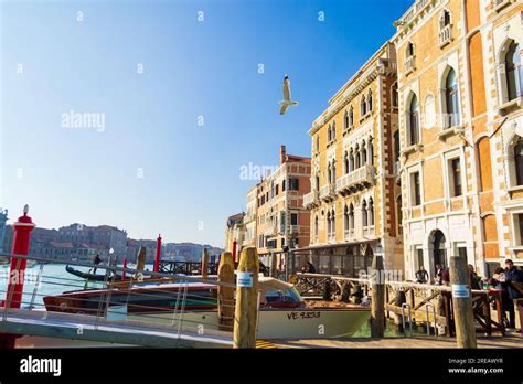 Traditional Gondolas Station On Famous Canal Grande With Magnificent