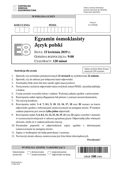 Egzamin Smoklasisty J Zyk Polski Arkusz Cke I Odpowiedzu Z