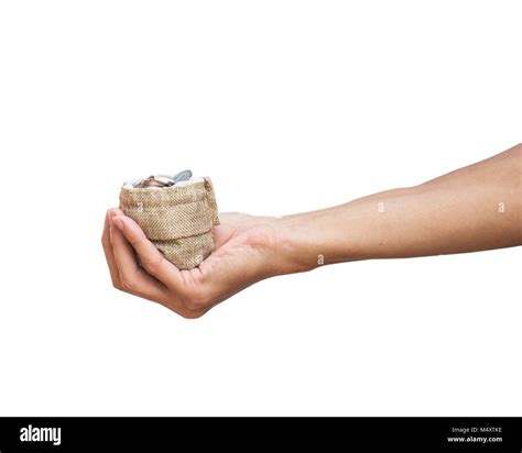 A Man Hand Holding Money Bag Isolated On White Background With Clipping