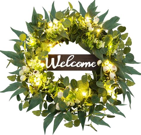 Amazon Eucalyptus Wreath For Front Door With Lights And Welcome