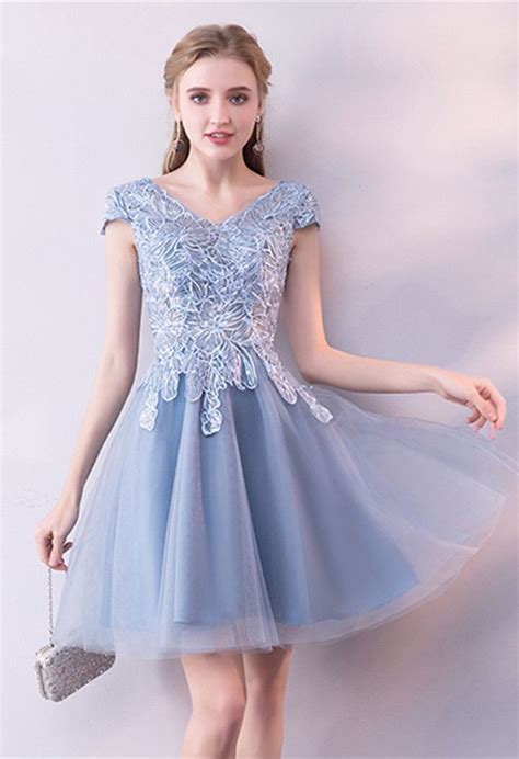 A Line Appliques Cap Sleeves V Neck Homecoming Dress Homecoming