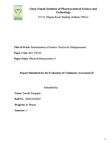 Determination Of Surface Tension By Stalagmometer Pdf Surface