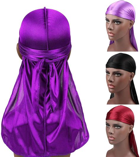 3pcs Silky Soft Durag With Long Tail For Men 360 Waves Headwraps Set