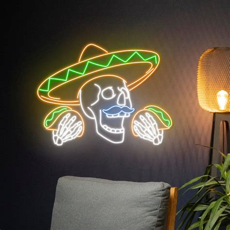 Handmadetneonsign Mexican Skull Tacos Neon Light Mexico Skeleton Taco