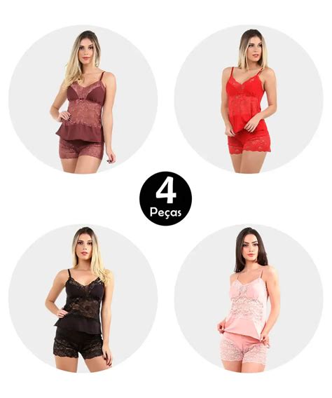 Kit 4 Pijama Short Doll Baby Doll IMI Lingerie Em Microfibra E Renda