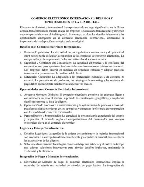 Comercio Electr Nico Internacional Desaf Os Y Oportunidades En La Era