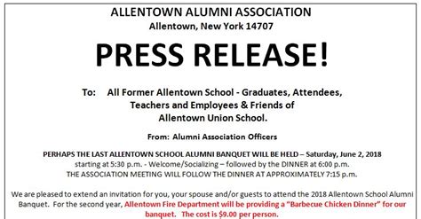 Wellsville Regional News Dot Com Allentown Alumni Association Press Release