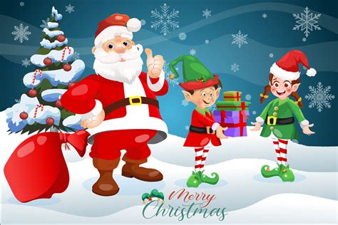 Merry Christmas winter greeting card cartoon cartoon Santa Claus with elves and snowman 3537088 ...