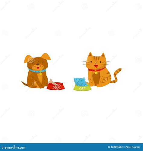 Funny Dog and Cat Eating Food, Cute Domestic Pet Animals Cartoon ...