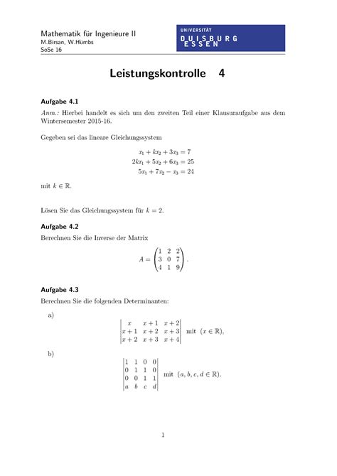 Leistungskontrolle 04 Mathematik Fur Ingenieure II M W Umbs SoSe