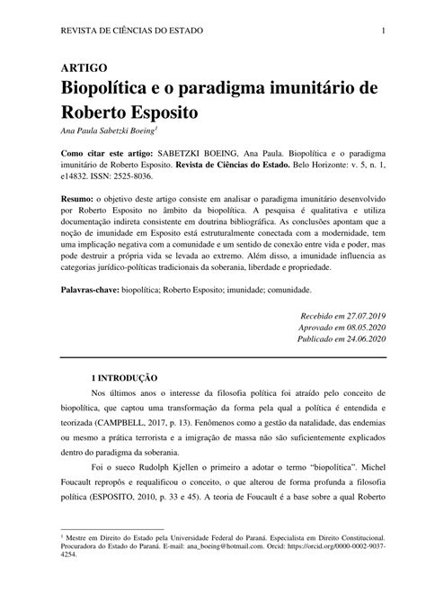 PDF Biopolítica e o paradigma imunitário de Roberto Esposito