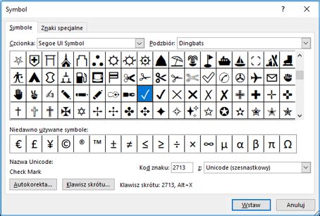 Wstawianie Znacznik Wyboru I Innych Symboli Pomoc Techniczna Pakietu