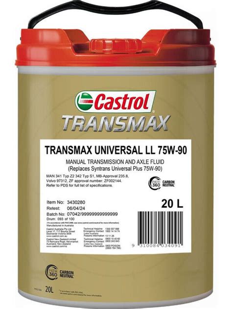 3430280 CASTROL TRANSMAX UNIVERSAL LONG LIFE 75W 90 20L The Boss Shop