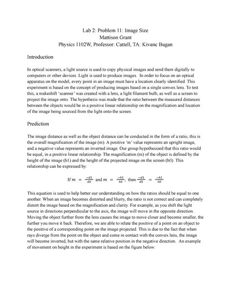 PHYS 1102 Report 2 Lab 2 Problem 11 Image Size Mattison Grant