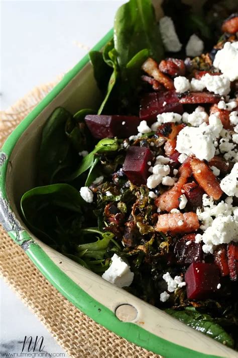 Crispy Roasted Brussels Sprouts Beet And Bacon Salad Nutmeg Nanny