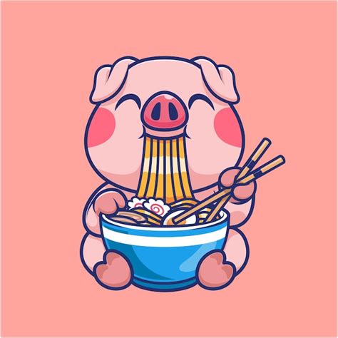 Cerdo Lindo Comiendo Fideos Ramen Con Palillos Dibujos Animados Vector