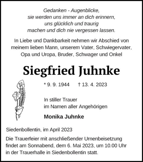 Traueranzeigen Von Siegfried Juhnke Trauer Nordkurier