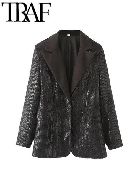 Traf Spring Sparkling Sequins Patchwork Women Casual Party Black