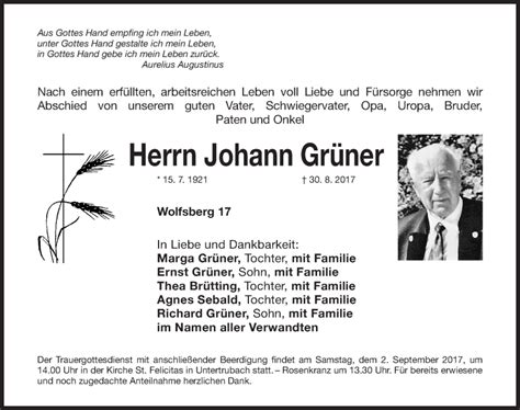 Traueranzeigen Von Johann Gr Ner Trauer Nn De