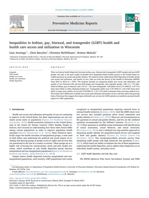 Pdf Inequalities In Lesbian Gay Bisexual And Transgender Lgbt Health And Health Care