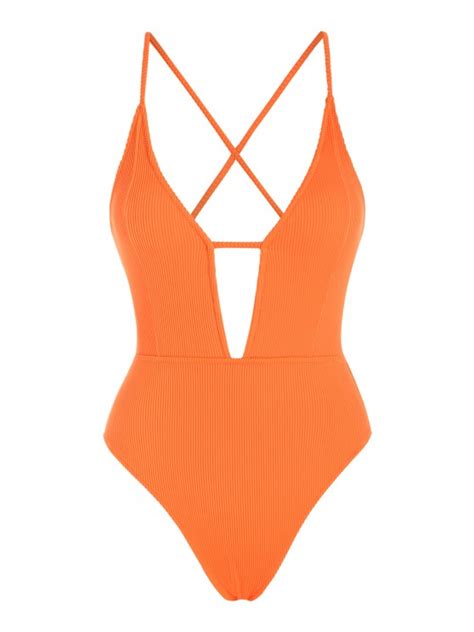 Zaful Criss Cross Lace Up Back Textured One Piece Swimsuit In Orange