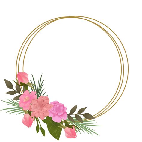 Circle Golden Frame With Pink Rose Flower And Green Leaves Pink