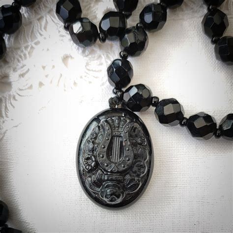 Victorian Bog Oak Mourning Pendant French Jet Beads Lyre - Etsy