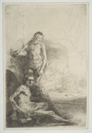 Nude Man Seated And Another Standing With A Woman And A Baby Lightly Etched In Background