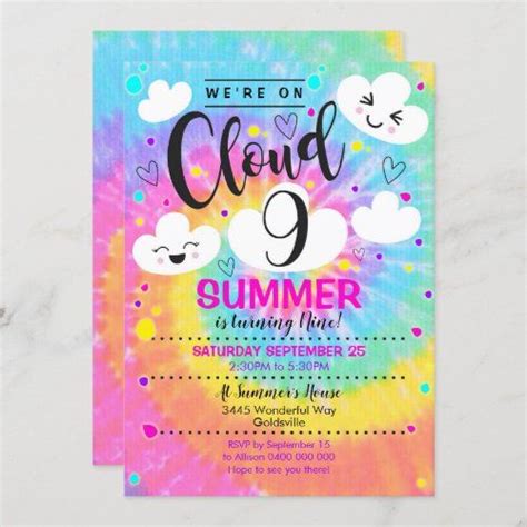 Cloud 9 Birthday Invitation Tie Dye Rainbow Zazzle Pool Birthday