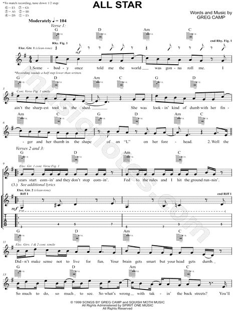 Smash Mouth All Star Guitar Tab In G Major Download And Print Sku