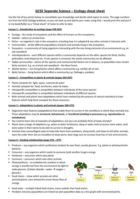 Ecology Cheat Sheet Klkyukjuykyukyuk GCSE Separate Science