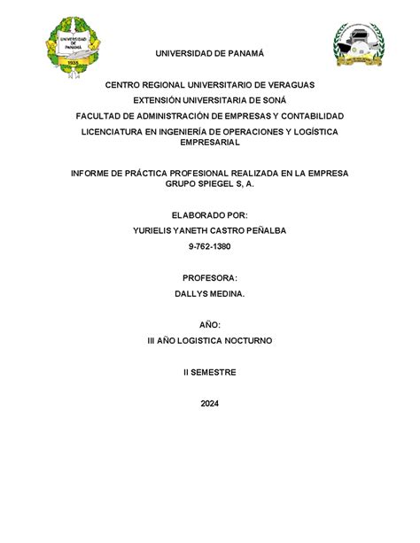 Copia De Informe De PrÁ Ctica Profesional Yurielis Castro Universidad De PanamÁ Centro